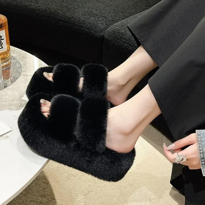 Autumn-Winter Chic: Soled Plush Women’s Slippers, Warm Flat-Bottomed - Khaki, 42