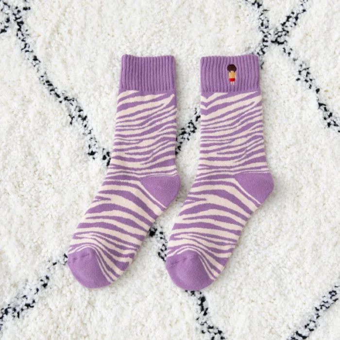 Autumn Winter Purple Embroidery Wool Socks - Thick and Warm Designer Style