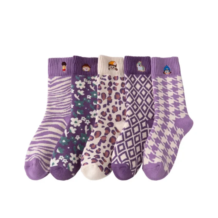 Autumn Winter Purple Embroidery Wool Socks - Thick and Warm Designer Style