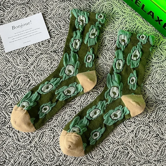 Botanical Elegance: Korean Cotton Floral Retro Socks for Women