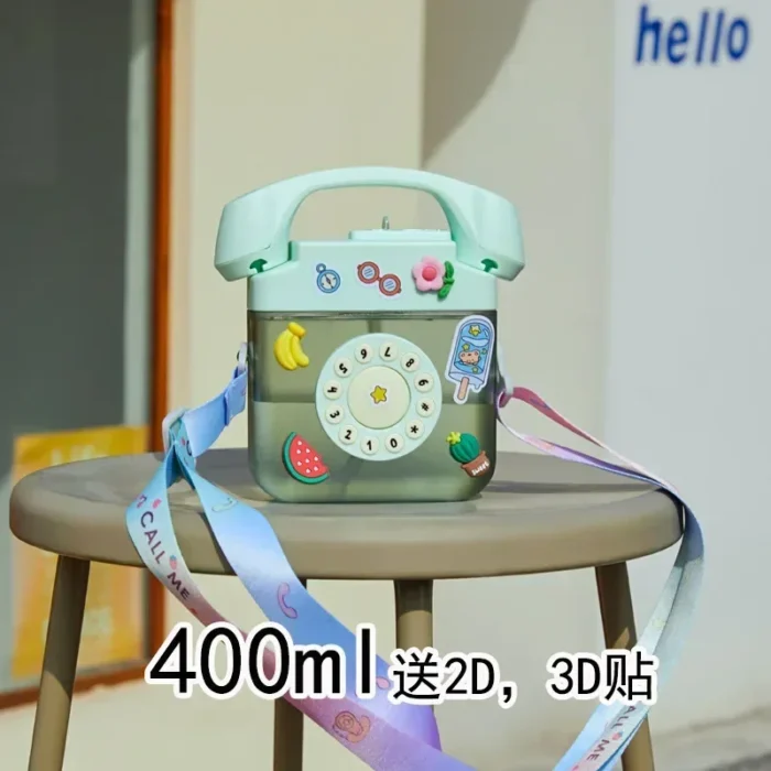 CallMeCute Telephone-Shaped Kawaii Straw Bottle – With Sticker Strap - Green