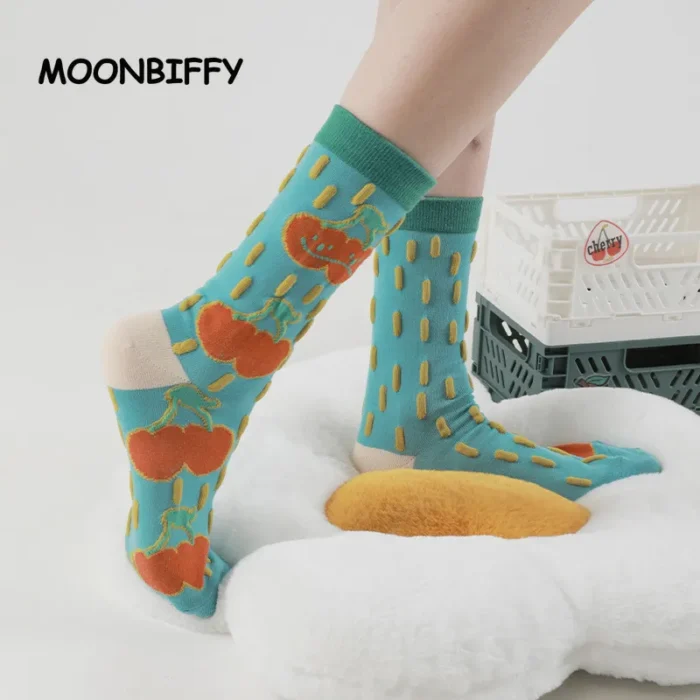 Charming Floral Cotton Socks with Unique Texture - Fashionable Illustration Design