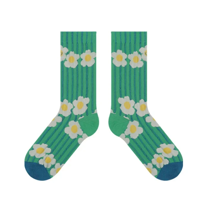 Charming Floral Cotton Socks with Unique Texture - Fashionable Illustration Design