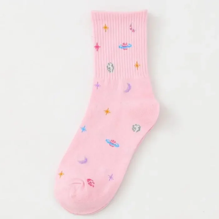 Charming Harajuku Women's Space-Themed Cartoon Socks - Cotton Comfort