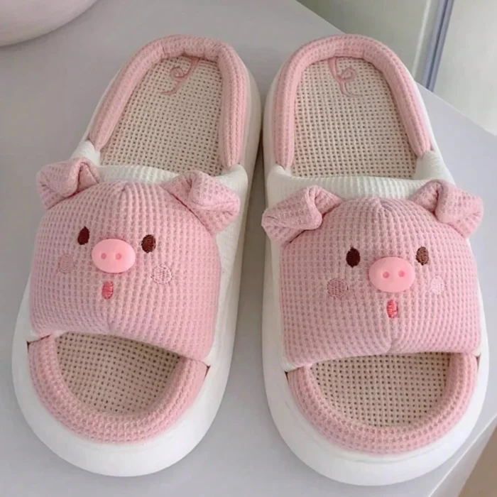 Charming Pink Piggy Linen Slippers: Fashionable Comfort