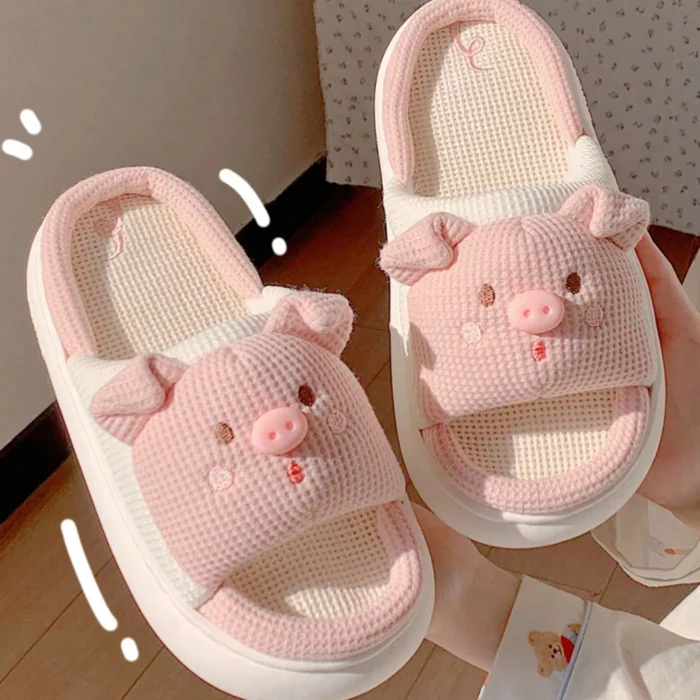 Charming Pink Piggy Linen Slippers: Fashionable Comfort