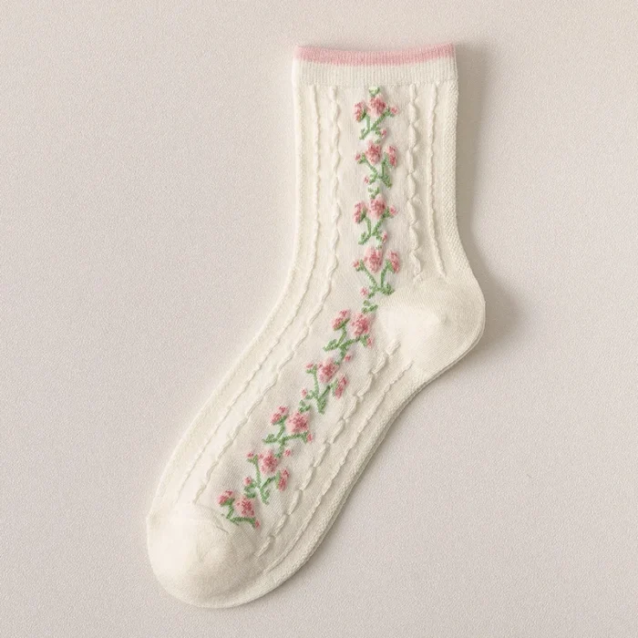 Charming Pink Twisted Tube Floral Socks - Sweet Kawaii Style for Students
