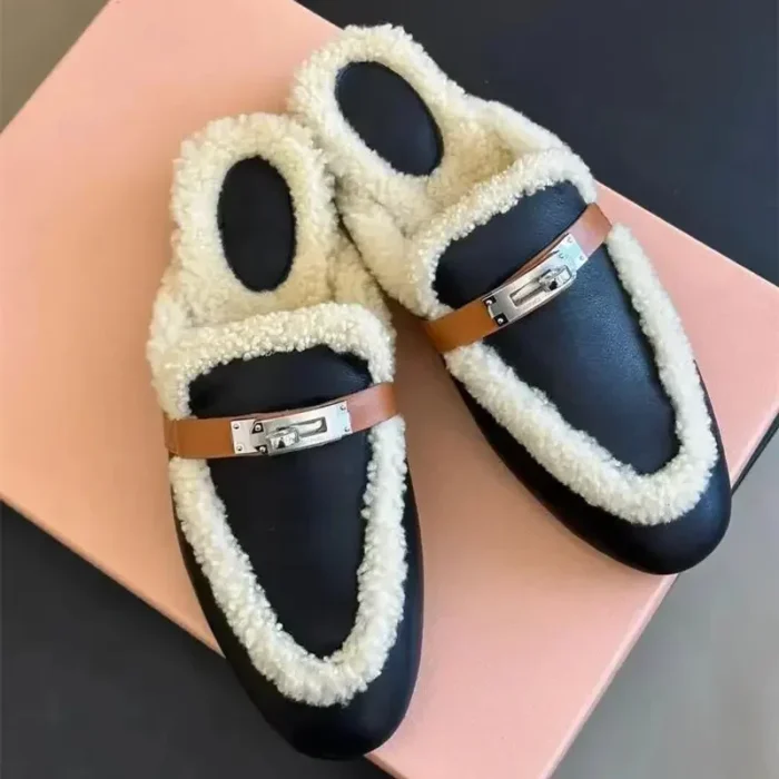 Chic Cozy Cashmere: Winter Leather Half Slippers with Lamb Hair for Women