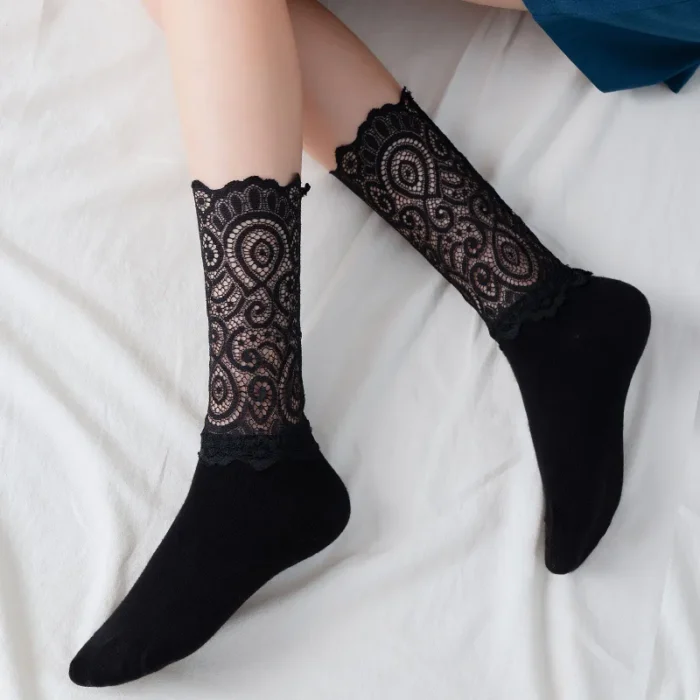 Chic Lace Frilly Mesh Slouch Socks - Sheer Sexy Lolita Elegance