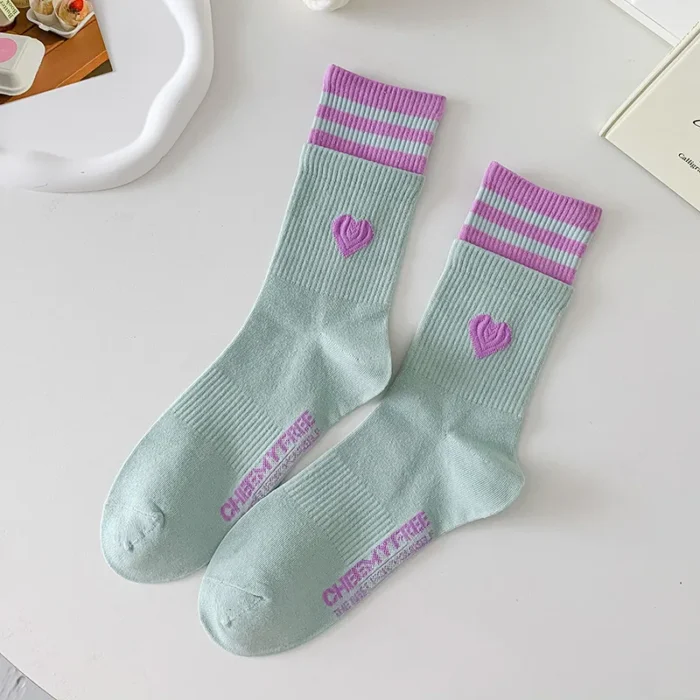Chic Striped Love Heart Long Socks - Winter Cycling Cotton Warmers in Korean Kawaii Style