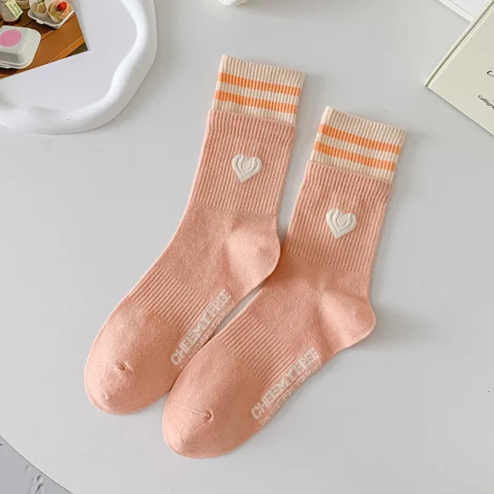 Chic Striped Love Heart Long Socks - Winter Cycling Cotton Warmers in Korean Kawaii Style