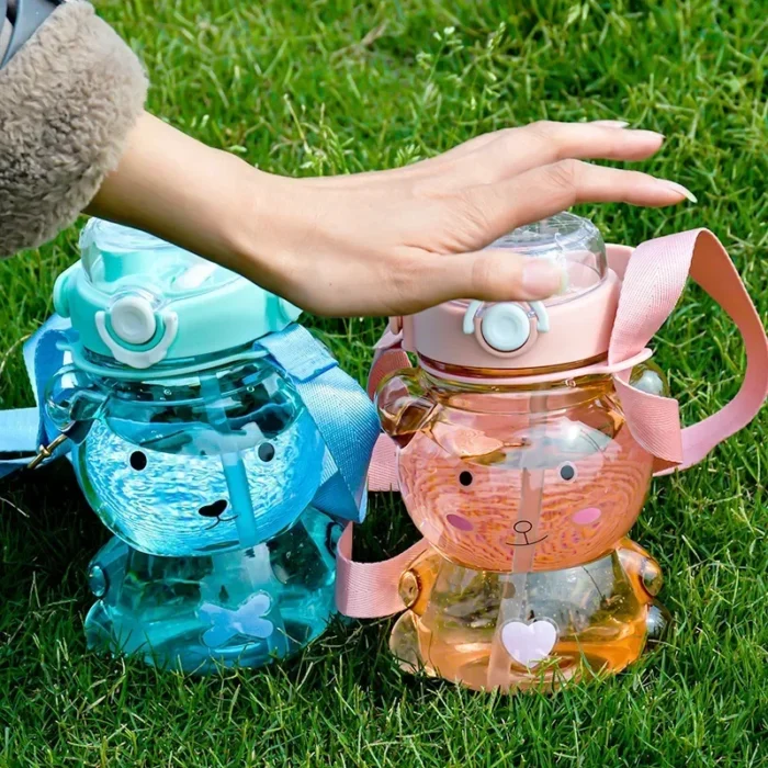 Child Cute Frog & Bear Water Bottle - Portable Large Clear Sport Bottle with Straw & Strap