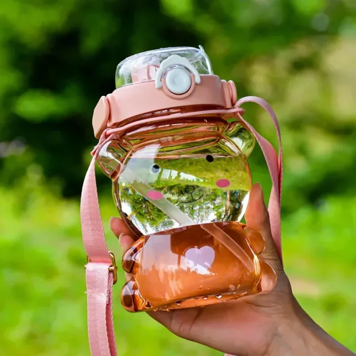 Child Cute Frog & Bear Water Bottle - Portable Large Clear Sport Bottle with Straw & Strap