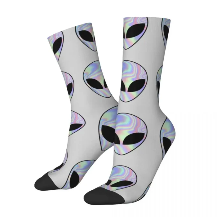 Colorful Alien Head Hiking Socks - Durable Mid Stockings in Large Size, Perfect for Youthful Old School Vibes