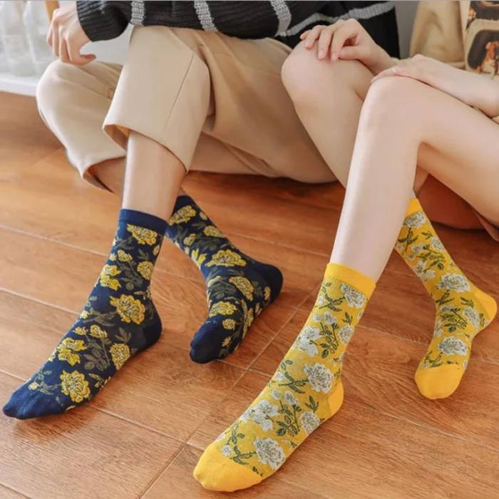 Colorful Peony Flower Cotton Socks - Fashionable Couples' Harajuku Style