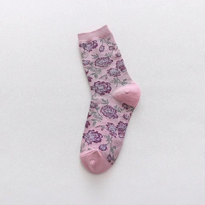 Colorful Peony Flower Cotton Socks - Fashionable Couples' Harajuku Style