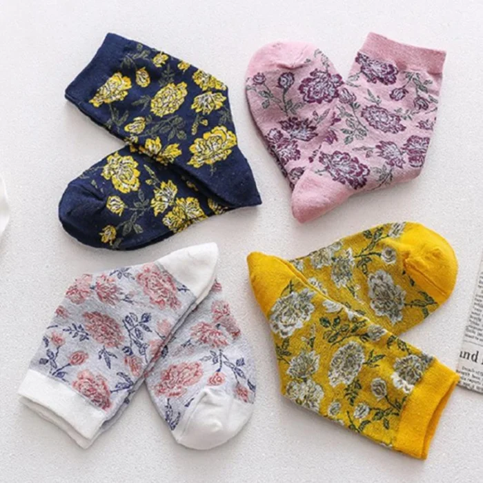 Colorful Peony Flower Cotton Socks - Fashionable Couples' Harajuku Style