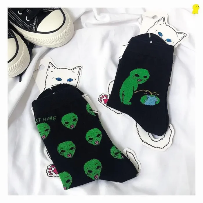 Cosmic Kitty Socks - Unisex Cartoon Cat & Alien Planet Cotton Socks