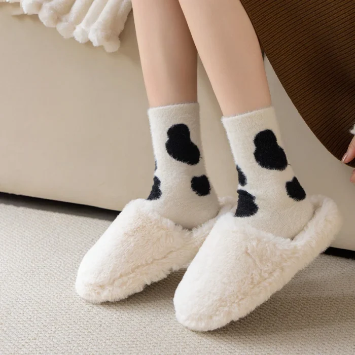 Cozy Cashmere Cow Print Winter Slipper Socks - Warm & Fuzzy