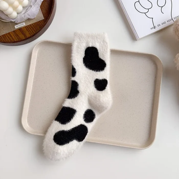 Cozy Cashmere Cow Print Winter Slipper Socks - Warm & Fuzzy