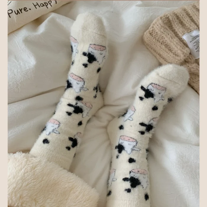 Cozy Cashmere Cow Print Winter Slipper Socks - Warm & Fuzzy