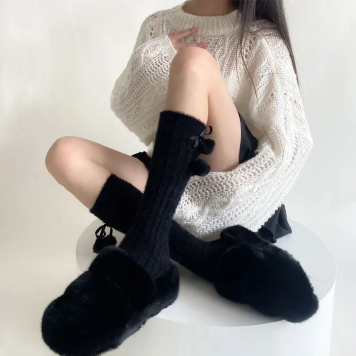 Cozy Charm: Women's Thick Warm Knee Socks with Plush Ball Accents