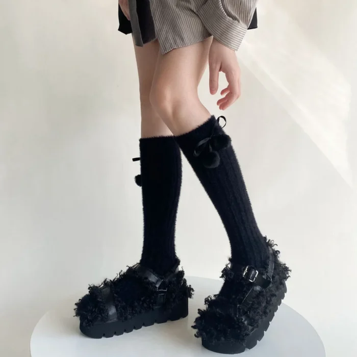 Cozy Charm: Women's Thick Warm Knee Socks with Plush Ball Accents