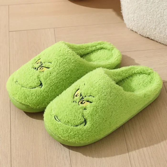 Cozy Christmas Grinch Slippers: Thick Non-Slip Cotton Warmth for Couples