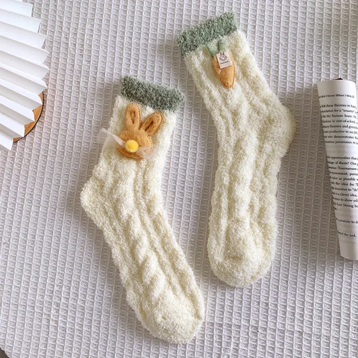 Cozy Cuteness: Women's Japanese Coral Velvet Rabbit & Carrot Sleeping Socks