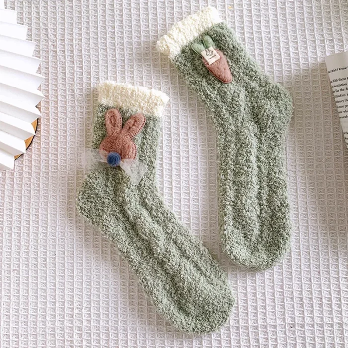 Cozy Cuteness: Women's Japanese Coral Velvet Rabbit & Carrot Sleeping Socks