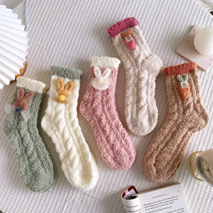 Cozy Cuteness: Women's Japanese Coral Velvet Rabbit & Carrot Sleeping Socks