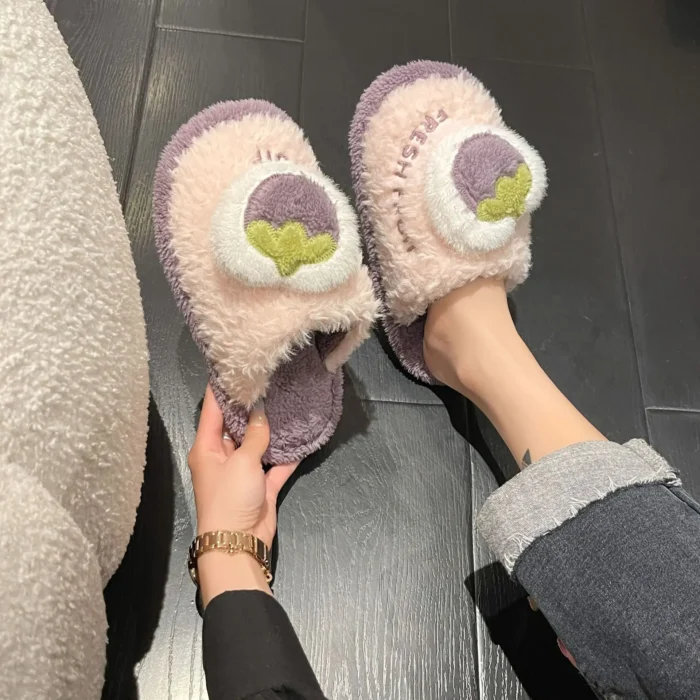 Cozy Fruit Charm: Women's Plush Cotton Slippers for Winter Warmth