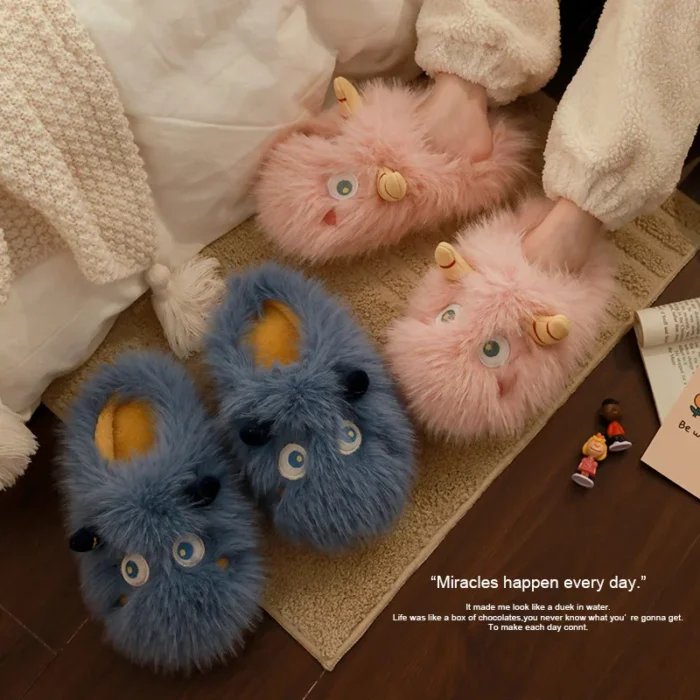 Cozy Togetherness: Cute Cartoon Couple's Plush Cotton Slippers