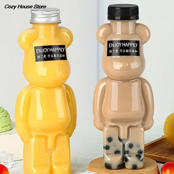 Cute Cartoon Bear-Shaped Milk Tea Bottle - Thickened Transparent Juice Bottle