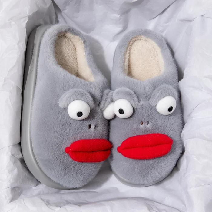 Cute Cartoon Ugly Women’s Slippers – Winter Soft Sole Cotton Shoes - Gray, 44-45