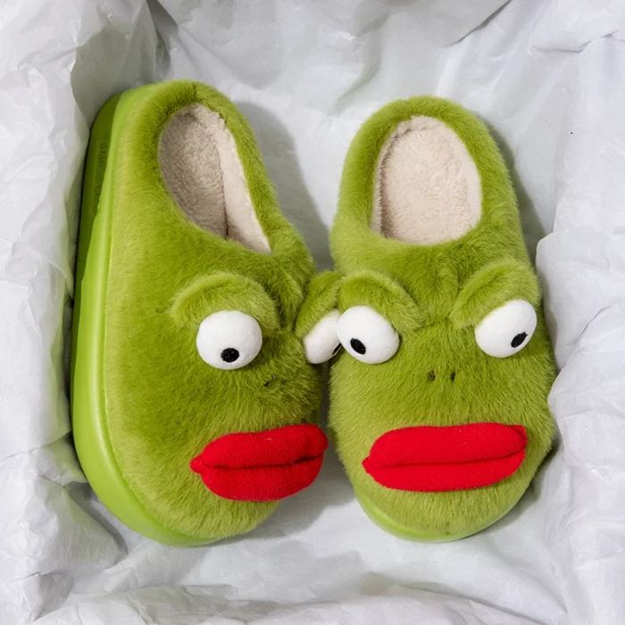 Cute Cartoon Ugly Women’s Slippers – Winter Soft Sole Cotton Shoes - Green, 44-45