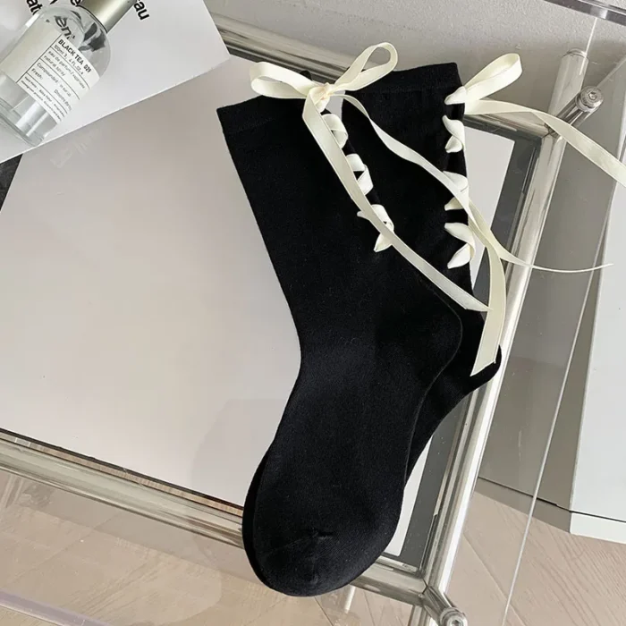 Elegant Black & White Ribbon Bow Socks - Japanese JK Style