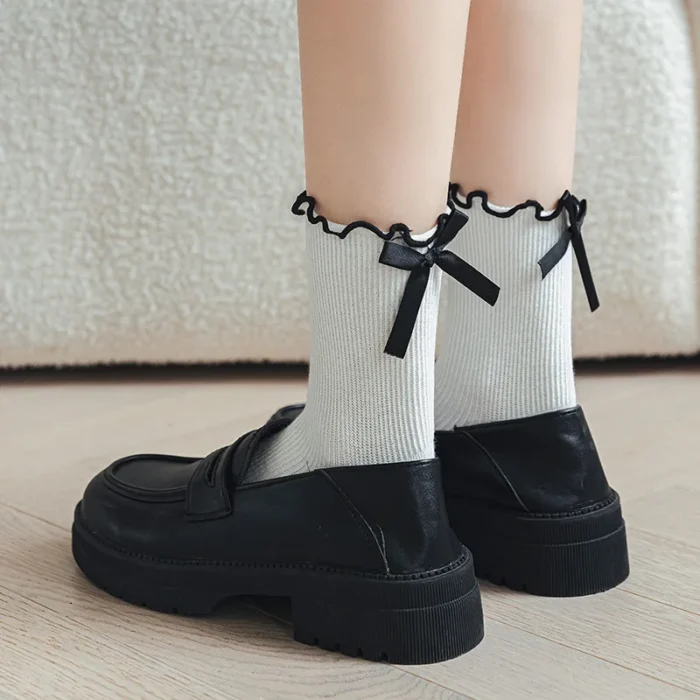Elegant Black & White Ribbon Bow Socks - Japanese JK Style