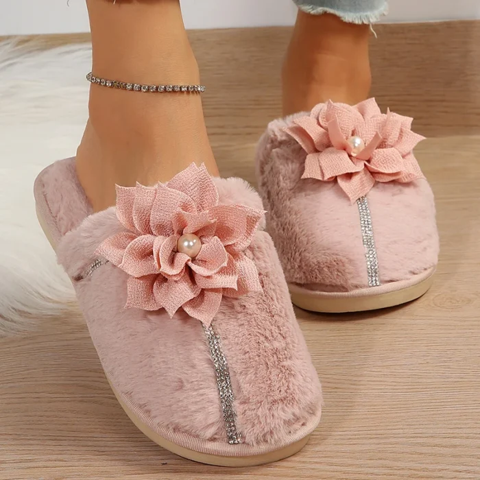 Elegant Flower Furry Slippers: Women's Crystal Warm Winter Comfort