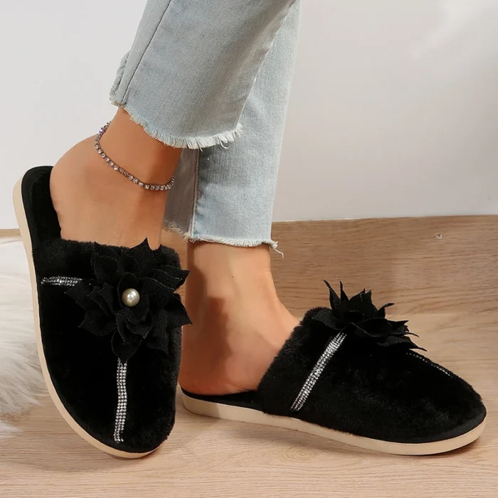 Elegant Flower Furry Slippers: Women's Crystal Warm Winter Comfort