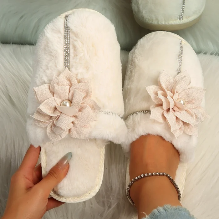 Elegant Flower Furry Slippers: Women's Crystal Warm Winter Comfort