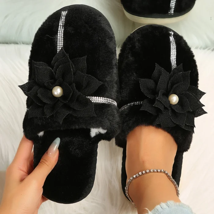 Elegant Flower Furry Slippers: Women's Crystal Warm Winter Comfort