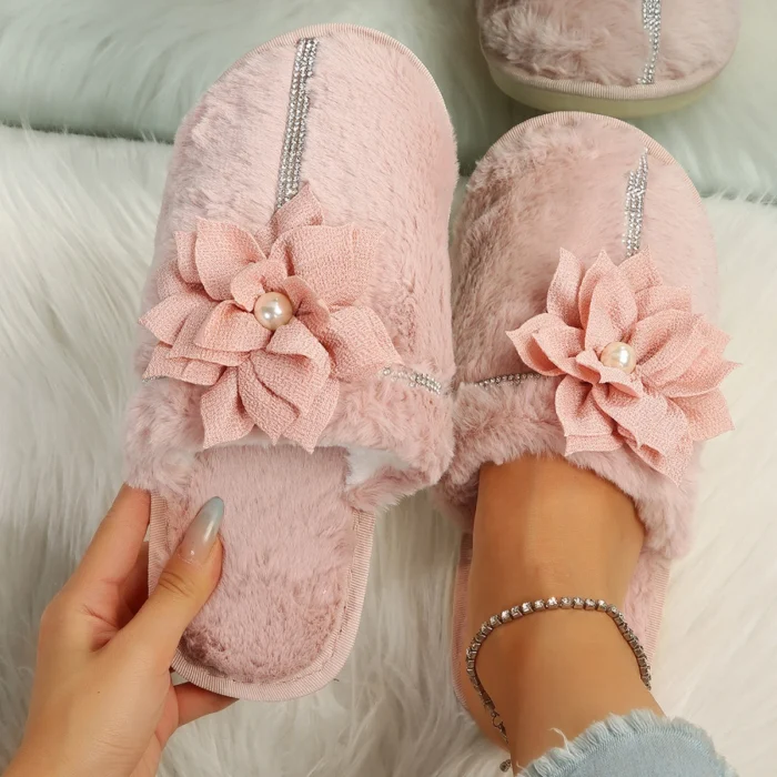 Elegant Flower Furry Slippers: Women's Crystal Warm Winter Comfort