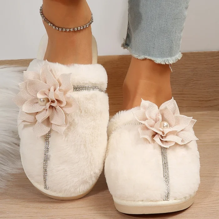 Elegant Flower Furry Slippers: Women's Crystal Warm Winter Comfort