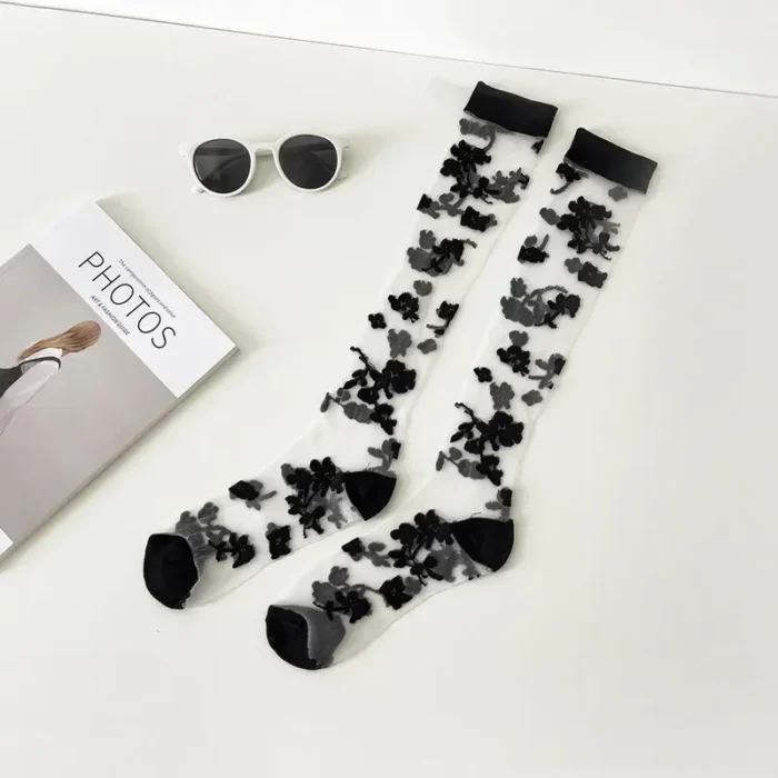 Elegant Japanese Flower Knee Socks - Ultra-Thin Crystal Silk Stockings for Summer