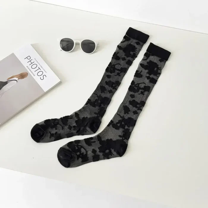 Elegant Japanese Flower Knee Socks - Ultra-Thin Crystal Silk Stockings for Summer