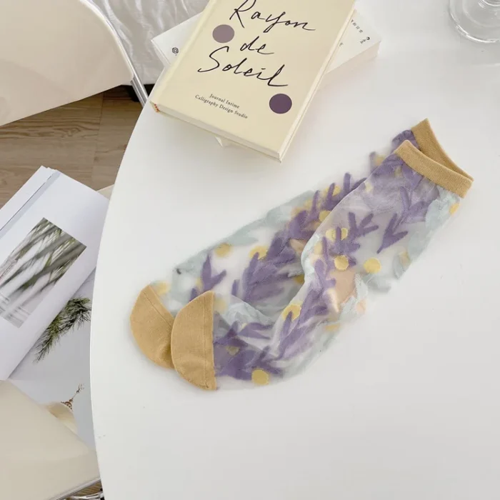 Elegant Japanese Summer Floral Crystal Silk Socks - Ultra-Thin & Sweet Mid-Tube Design