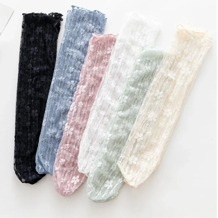 Elegant Lace Flower Crew Socks - Ultra-Thin, Transparent Harajuku Style