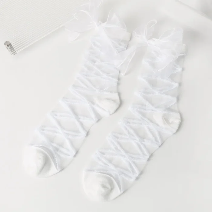 Elegant Organza Cross Lace Bow Socks - Japanese Lolita Style