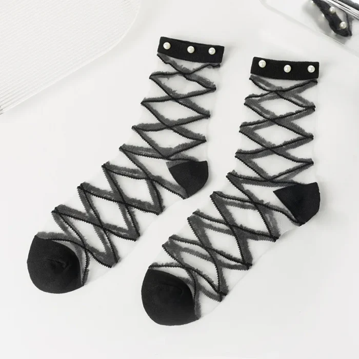 Elegant Organza Cross Lace Bow Socks - Japanese Lolita Style